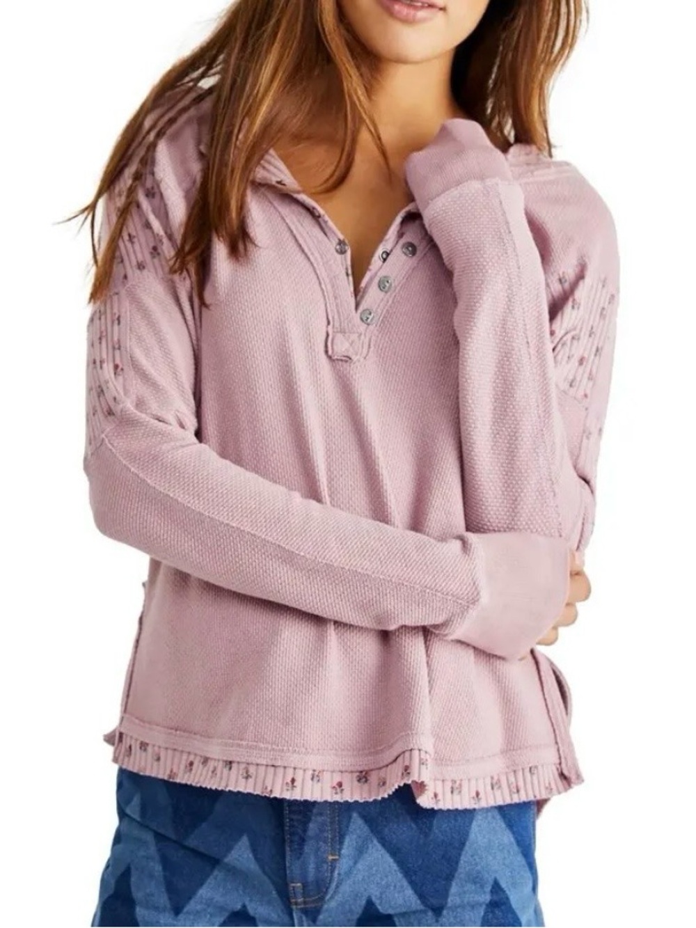 Free People Heart to Heart Thermal Henley Mauve Floral Top L EUC